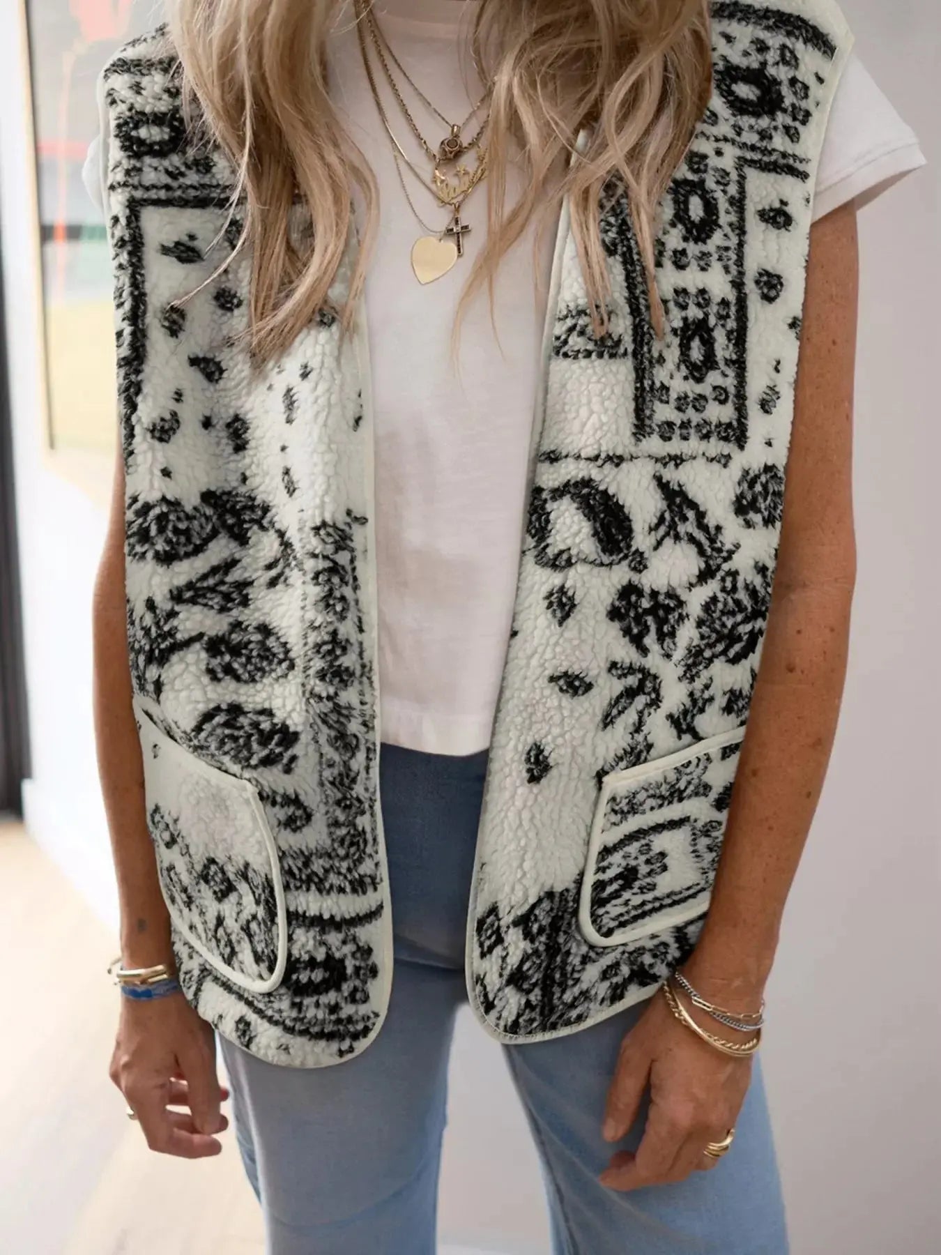 Sherpa Paisley Print Pocketed Western Fashion Vest Jacket Simply Love