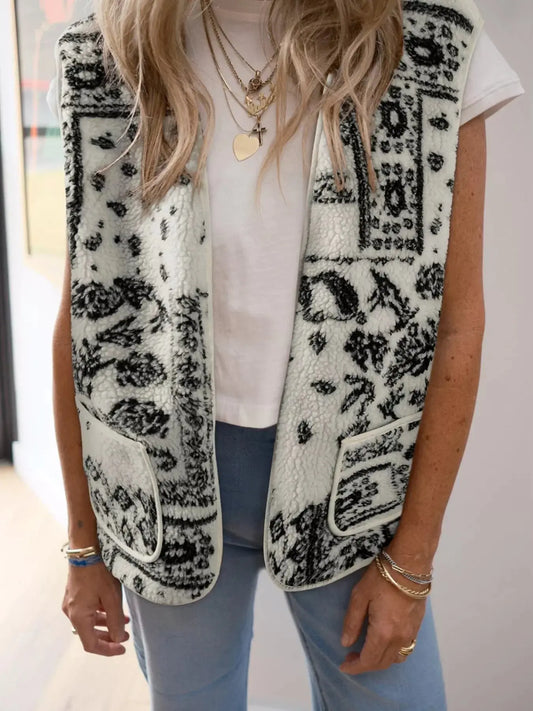 Sherpa Paisley Print Pocketed Western Fashion Vest Jacket Simply Love