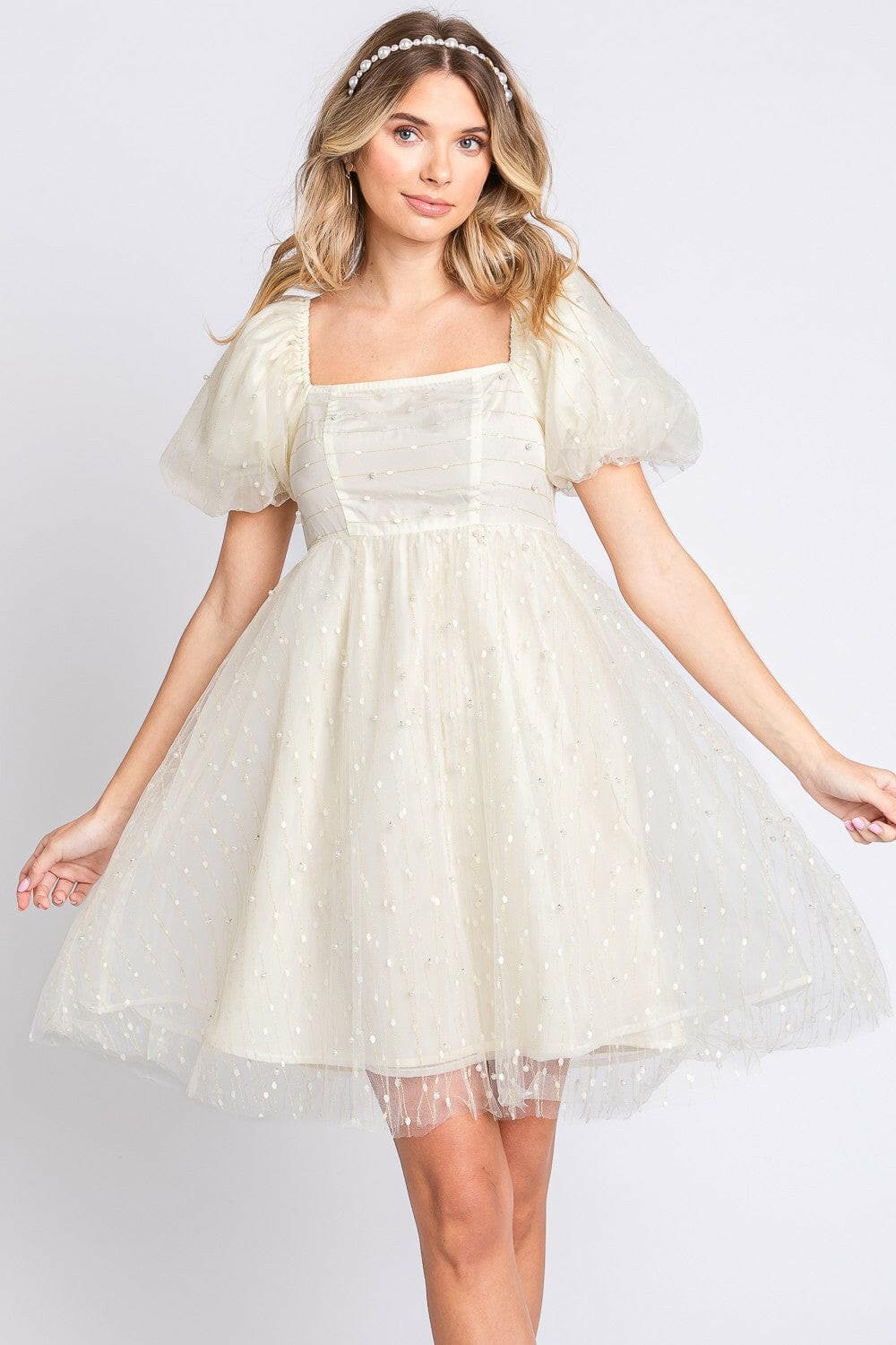 Enchanting Pearl Mesh Puff Sleeve Babydoll Dress by GeeGee.