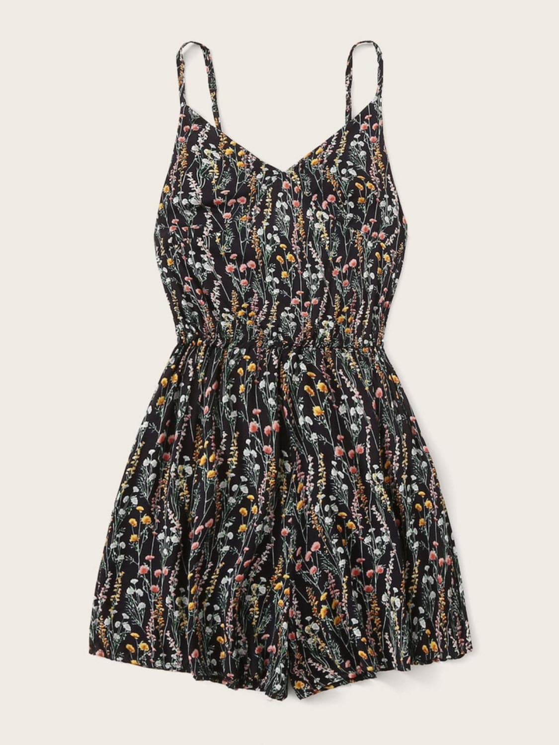 Printed V-Neck Spaghetti Strap Romper.