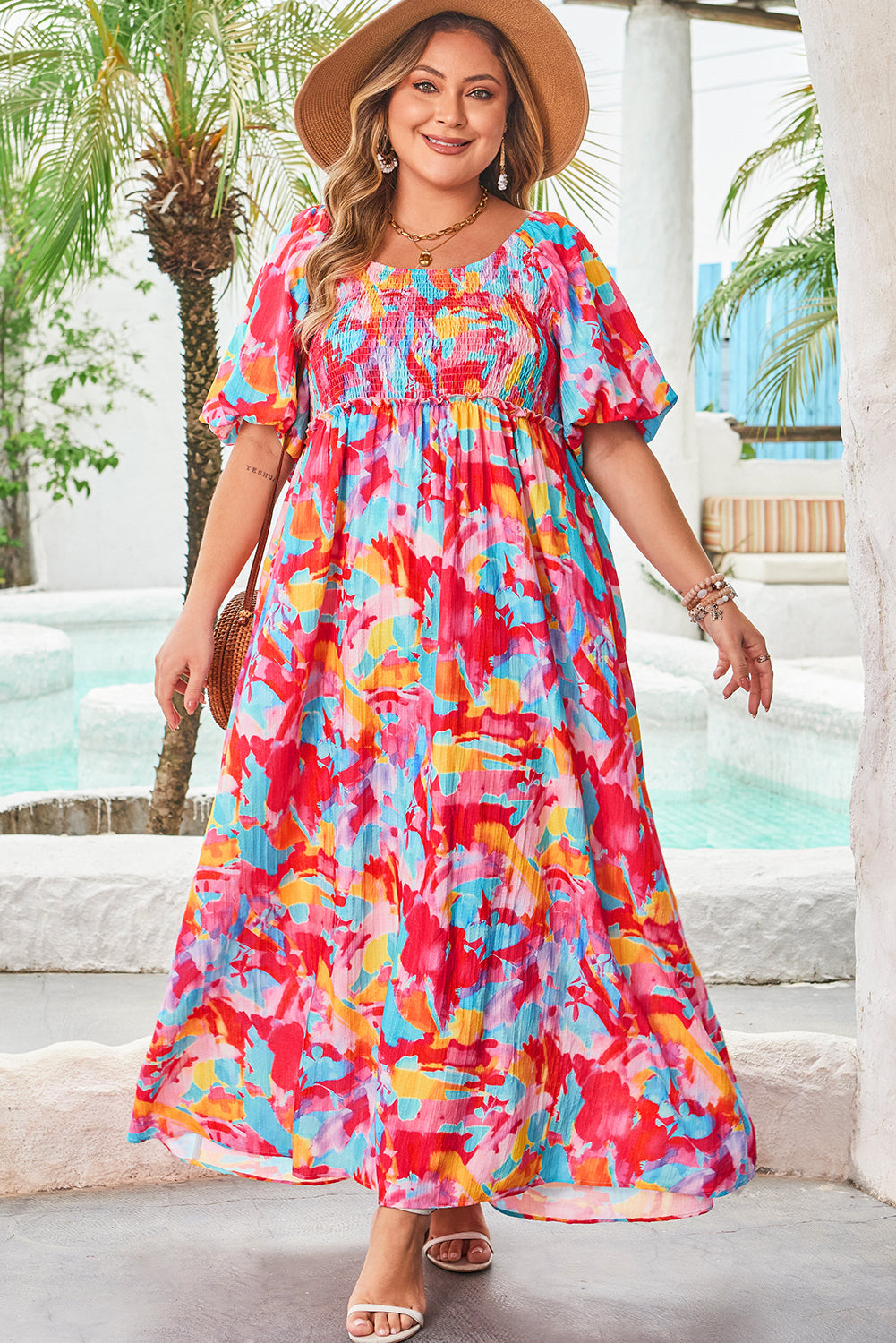 Rose Abstract Printed Puff Sleeve Square Neck Plus Size Dress With Smocked Bust Dear-Lover Dropshipping