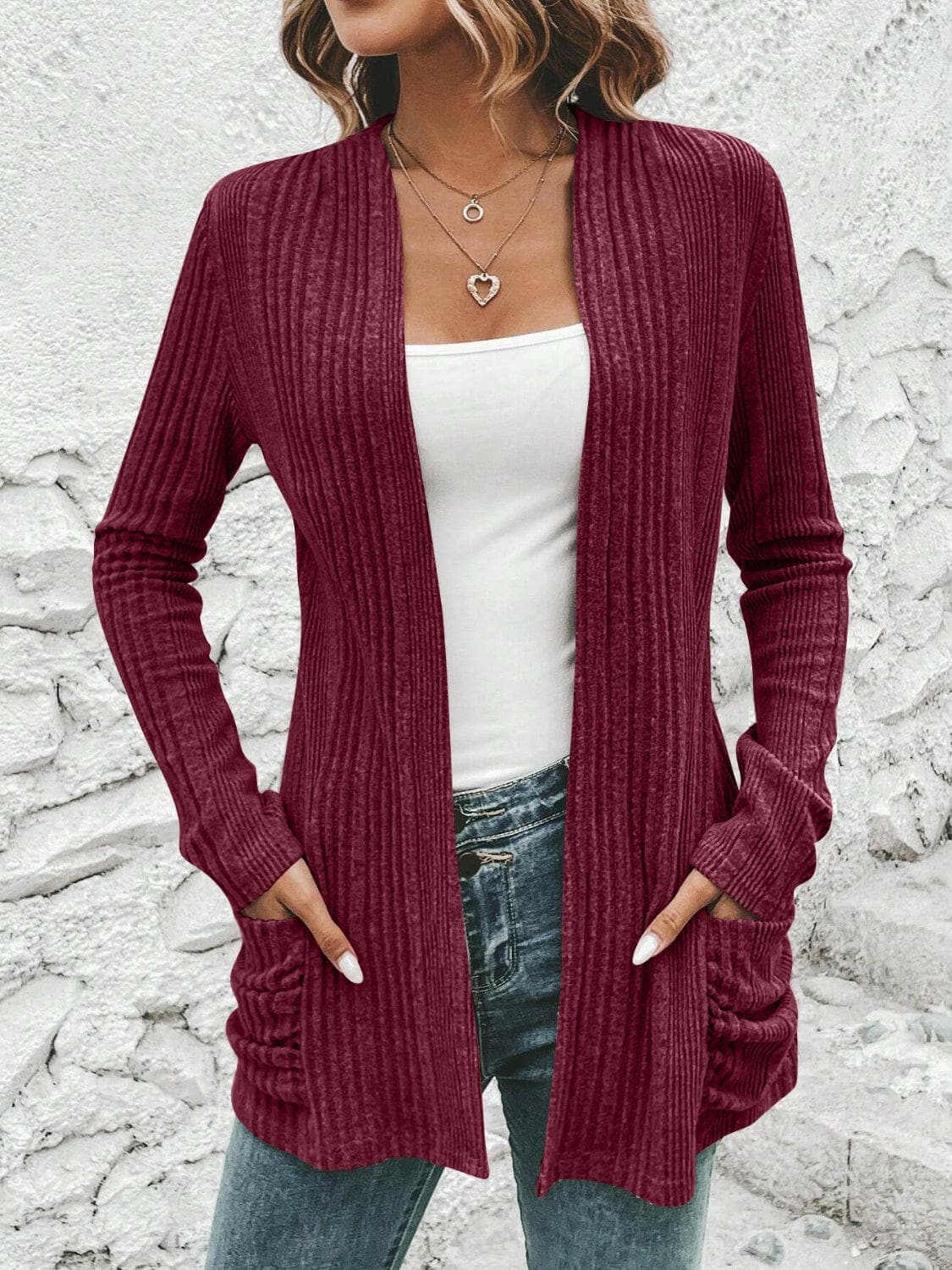 Ribbed Open Front Cardigan with Pockets.