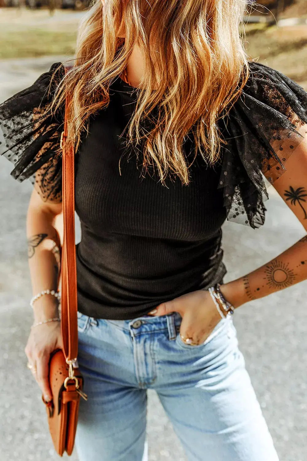 Polka Dot Mesh Sleeve Ribbed Top Simply Love