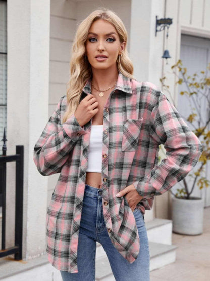 Women's pocketed plaid long sleeve shirt with collared neck.