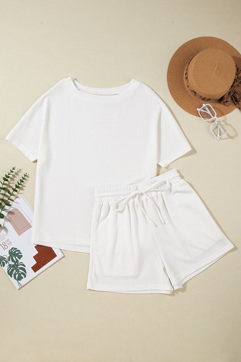 Round Neck Short Sleeve Top and Drawstring Shorts Set.