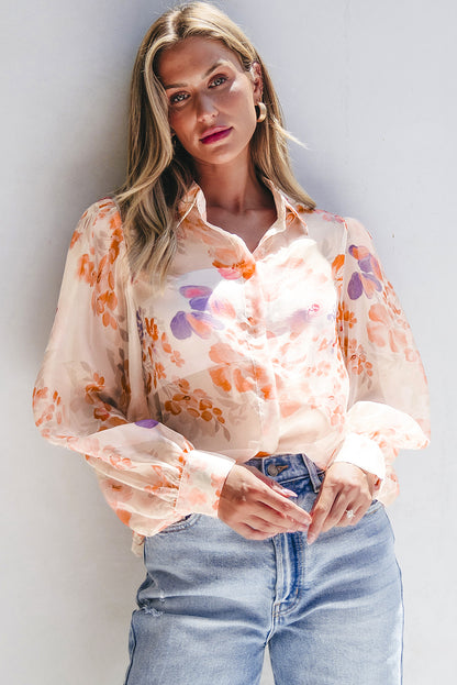 Floral balloon sleeve collared shirt