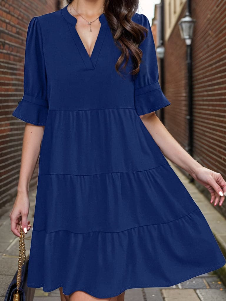 Tiered Notched Half Sleeve Dress.