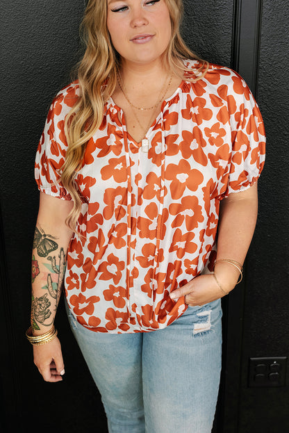 Floral Delight: Plus Size Orange V Neck Blouse with Drawstring Detail