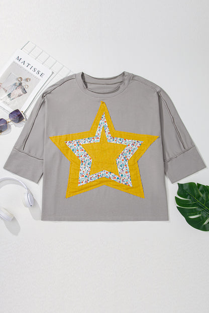 Chic medium grey floral star patch top with 3/4 sleeves in plus sizes