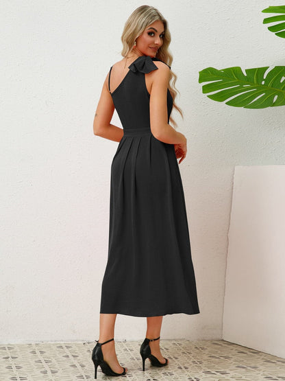 Bow Asymmetrical Neck Sleeveless Dress.