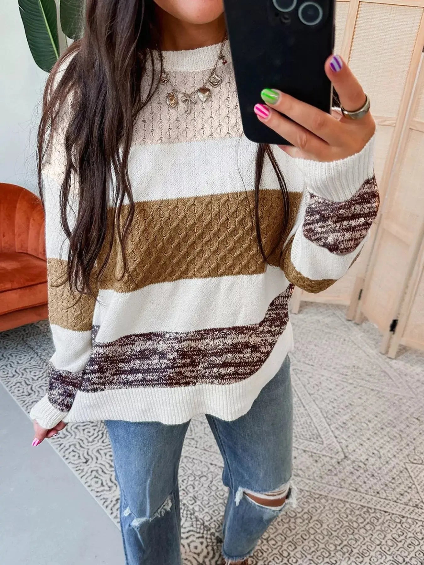 Mixed Texture Knit Striped Color Block Loose Sweater Simply Love