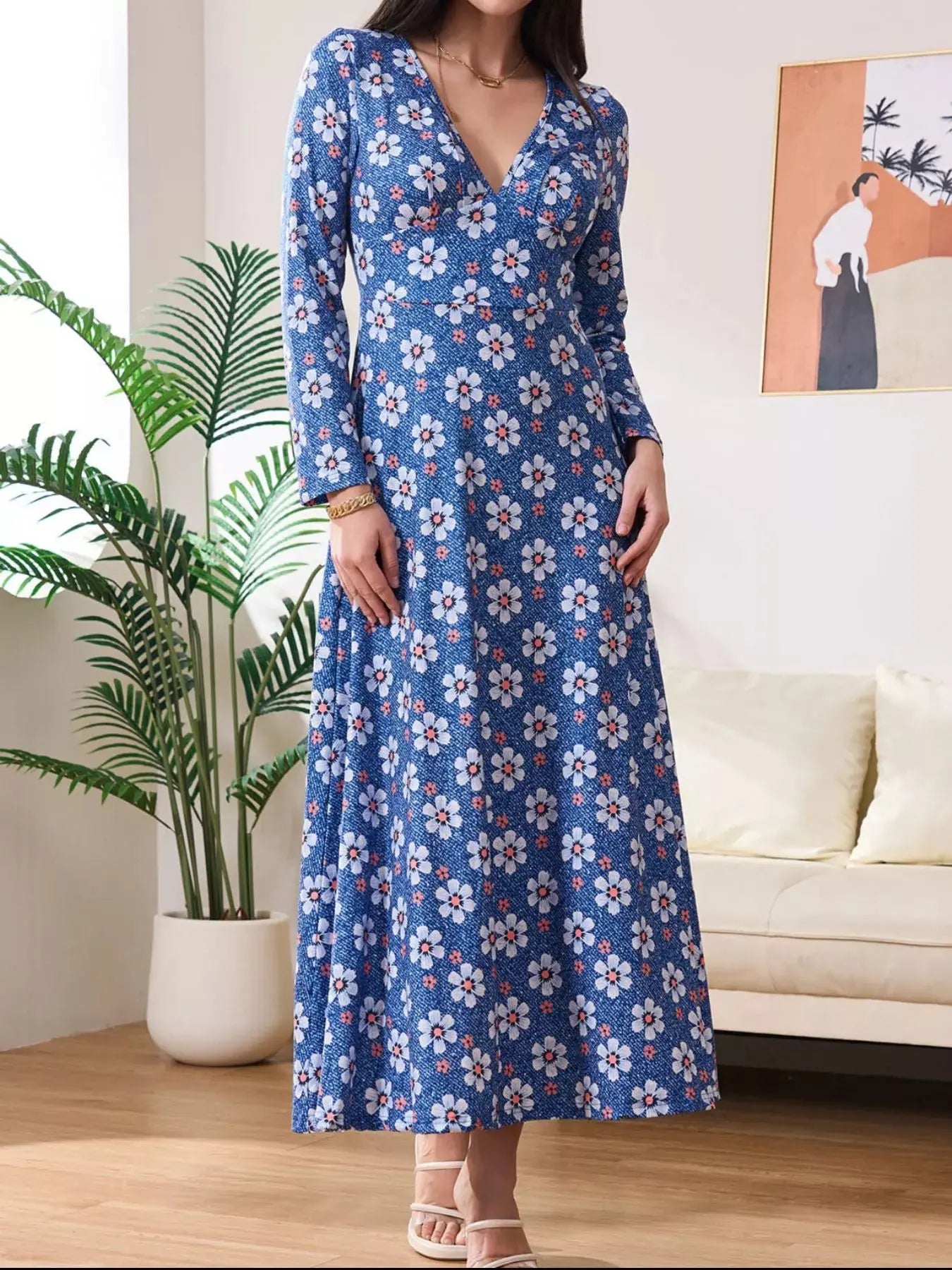 Floral Print V-Neck Long Sleeve Midi Dress Simply Love