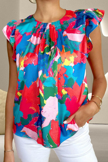 Ruffled Abstract Print Round Neck Cap Sleeve Blouse.