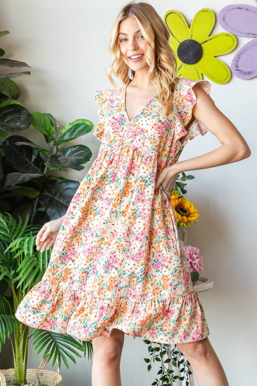 Heimish Full Size Floral Ruffled V-Neck Dress.