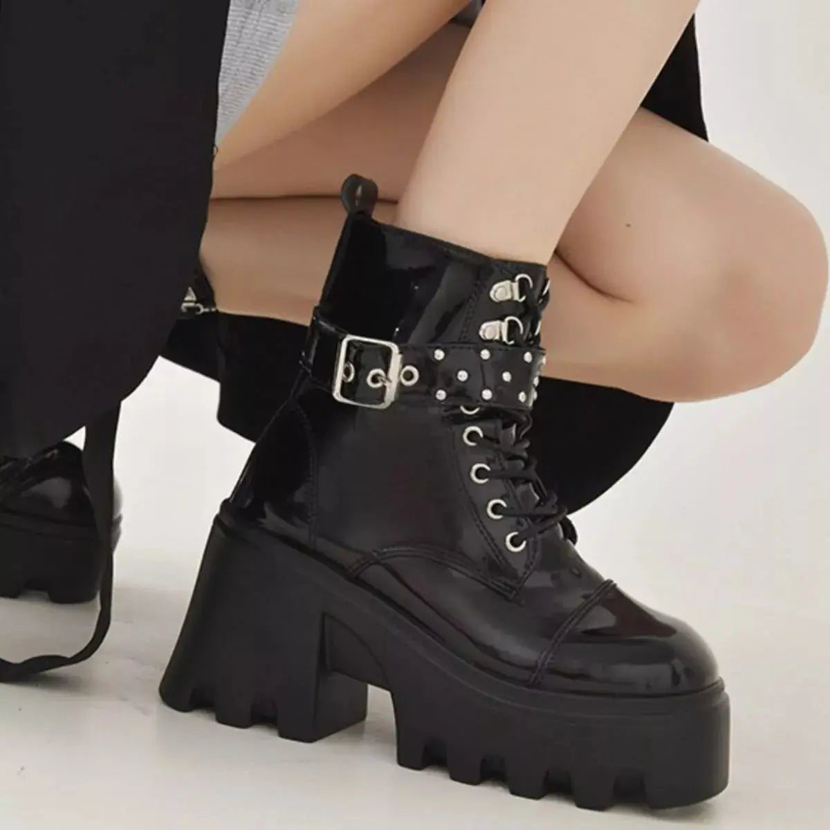 Platform Ankle Boots with Buckle and Studded Detail Simply Love