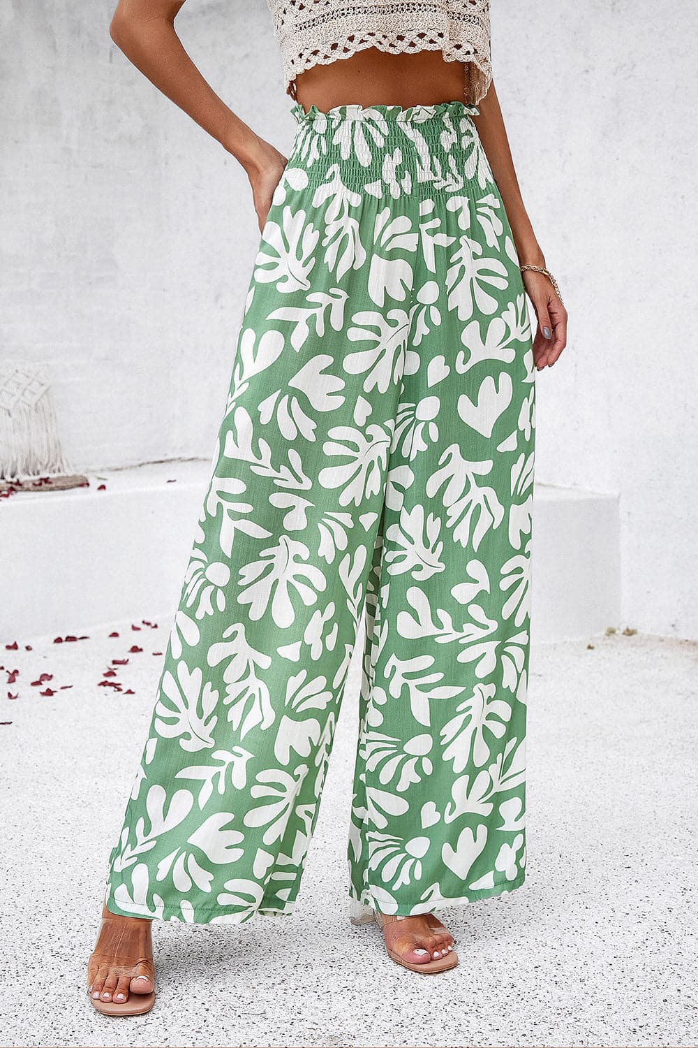 Smocked Printed Wide Leg Pants with Pockets.