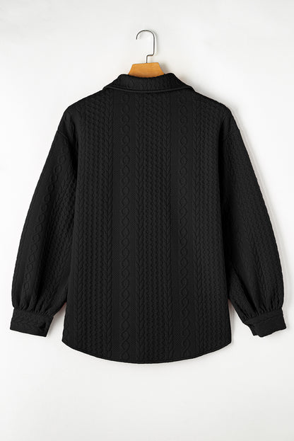 Premium Black Cable Texture Puff Sleeve Shacket Loose Fit Outerwear