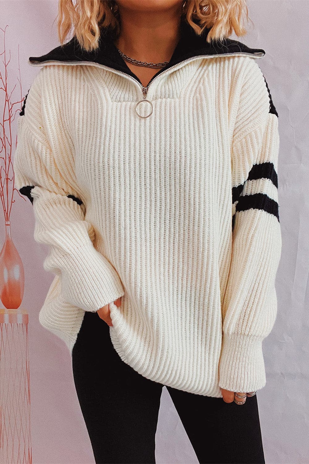 Quarter Zip Striped Dropped Shoulder Sweater.