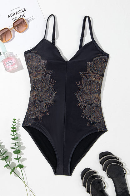 Elegant Black Floral Print One-Piece Swimwear with Crisscross Back