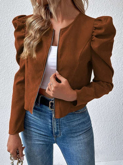 Chic puff sleeve zip jacket