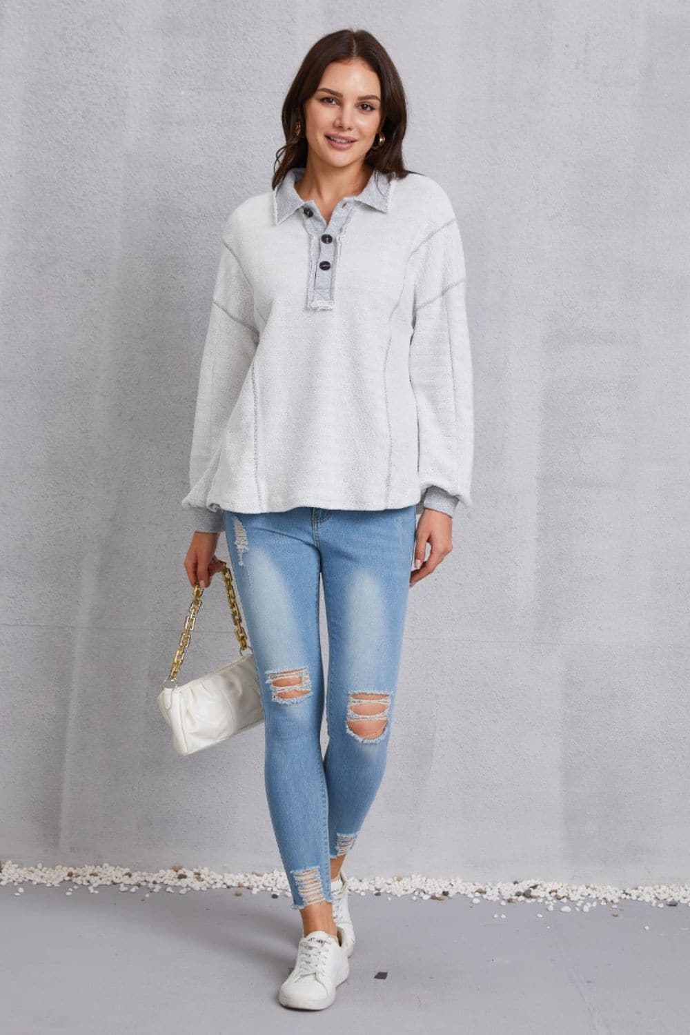 Half Button Dropped Shoulder Sweatshirt.