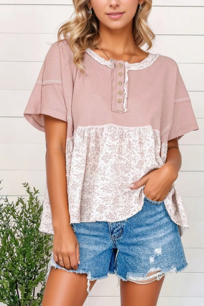Waffle Floral Patchwork Exposed Seam Detail Short Sleeve Top