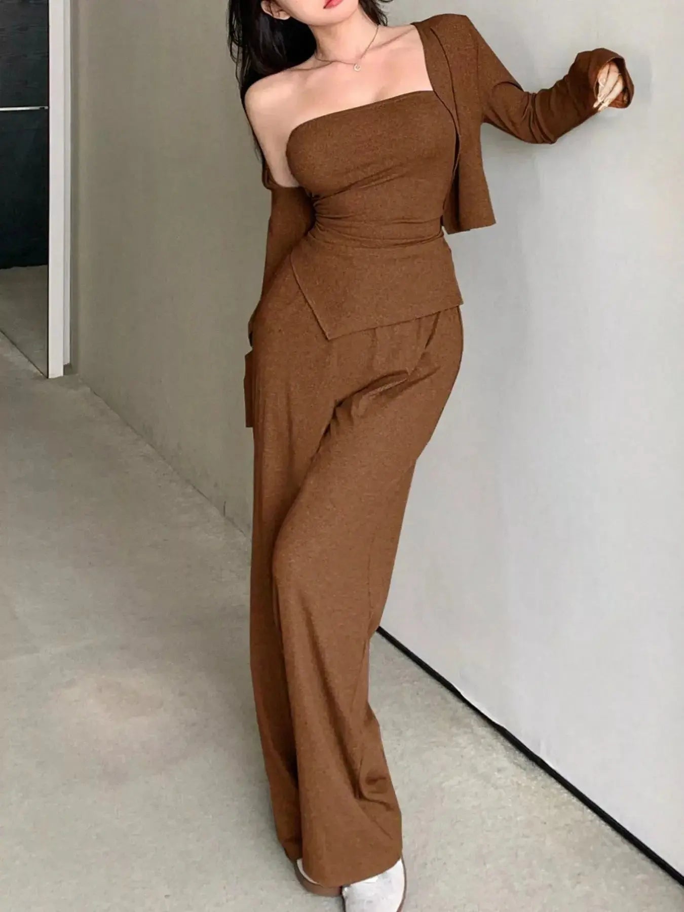 Brown Three Piece Tube Top Cardigan Wide Leg Pants Set Simply Love