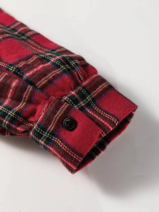Plaid Shirt Collar Half Button Ruffle Hem Long Sleeve Mini Dress Simply Love