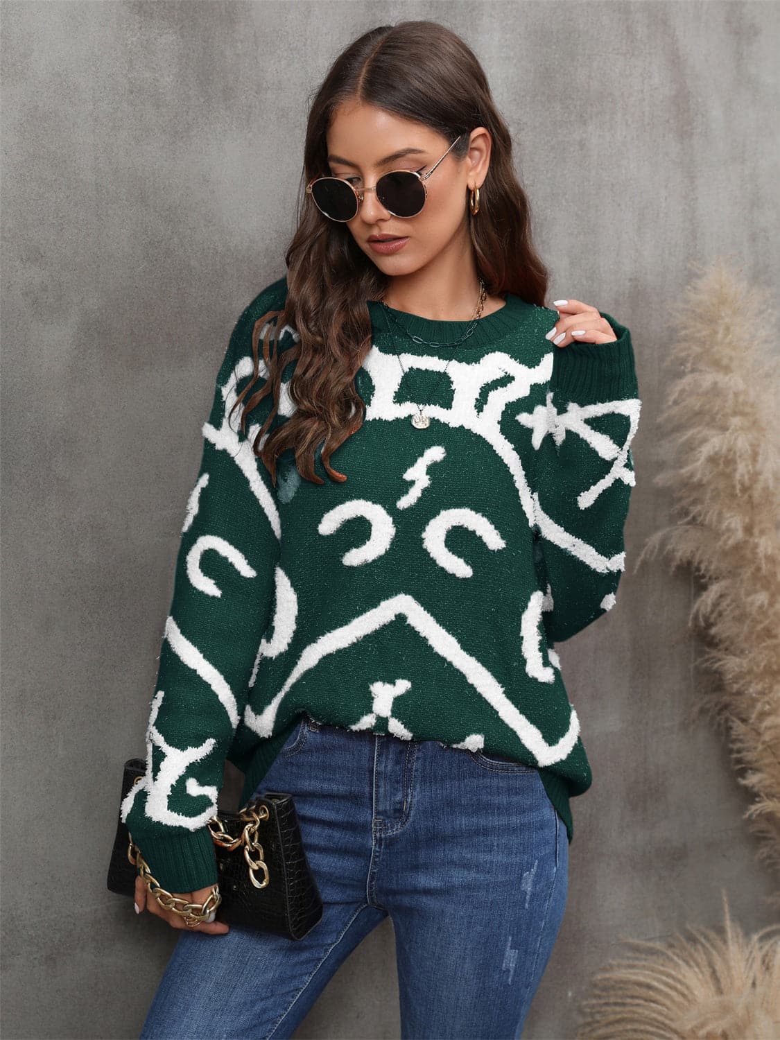 Printed Round Neck Long Sleeve Sweater.