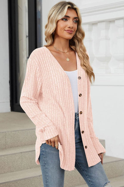 Ribbed Button Up Long Sleeve Cardigan.