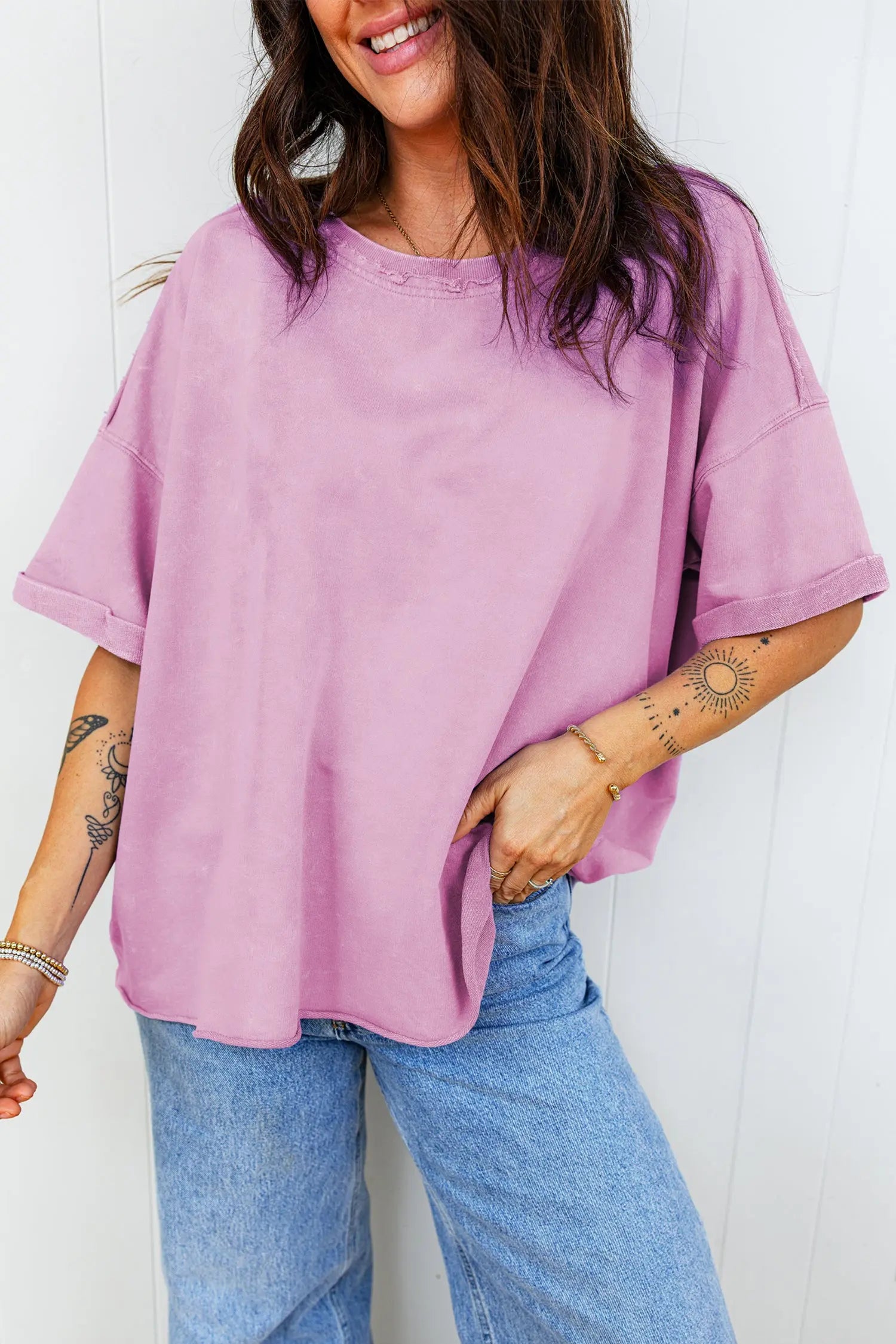 Lavendula Mineral Wash Drop Shoulder Loose Tee With Raw Edge Dear-Lover Dropshipping