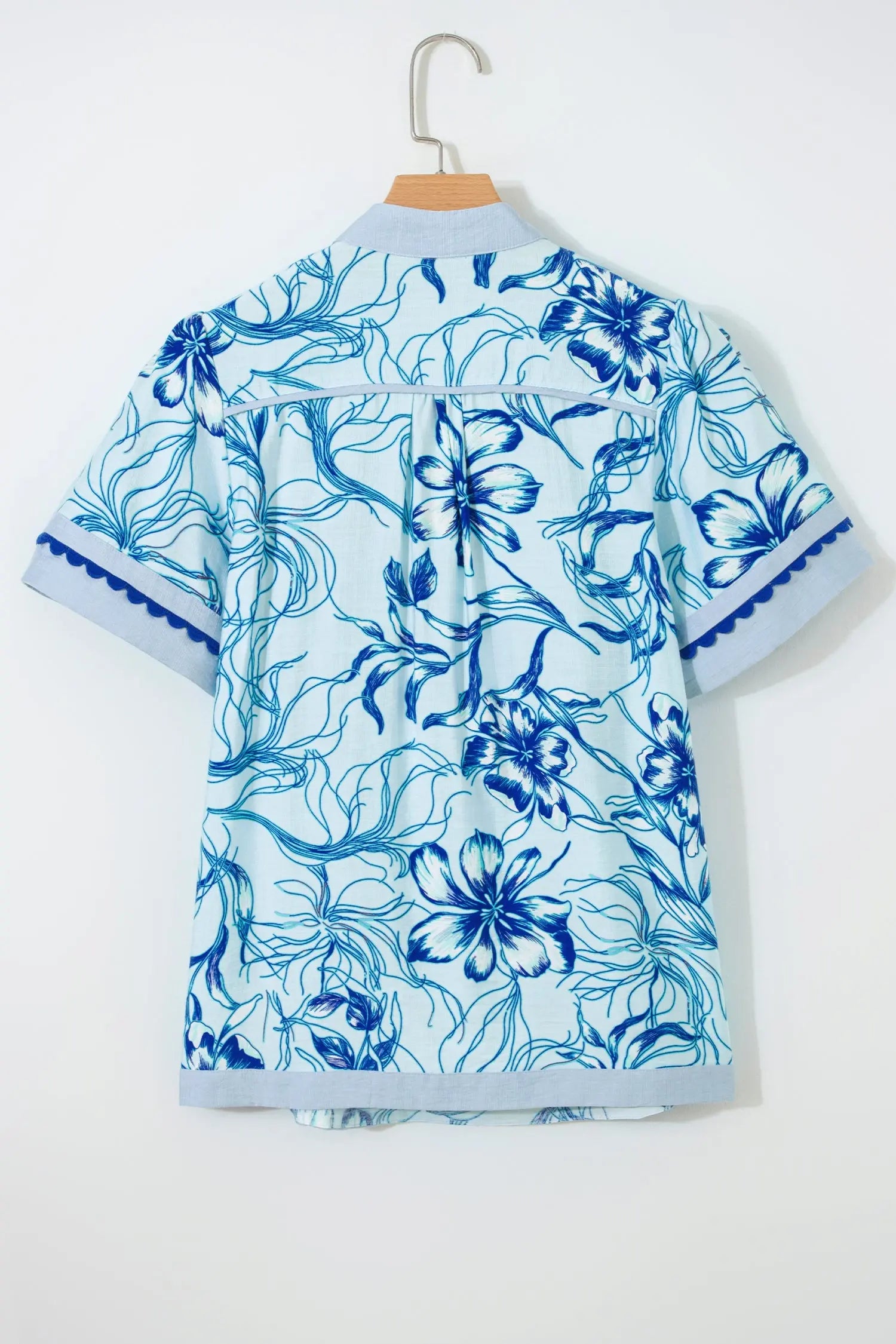 Sky Blue Ricrac Trim Slit V Neck Short Sleeve Floral Blouse Dear-Lover Dropshipping