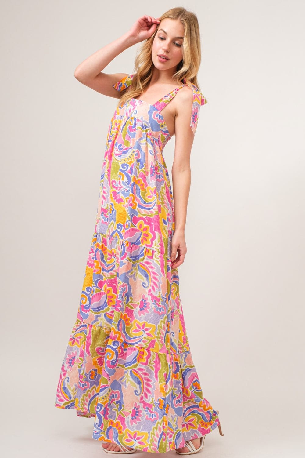 And The Why Full Size Printed Tie Shoulder Tiered Maxi Dress.