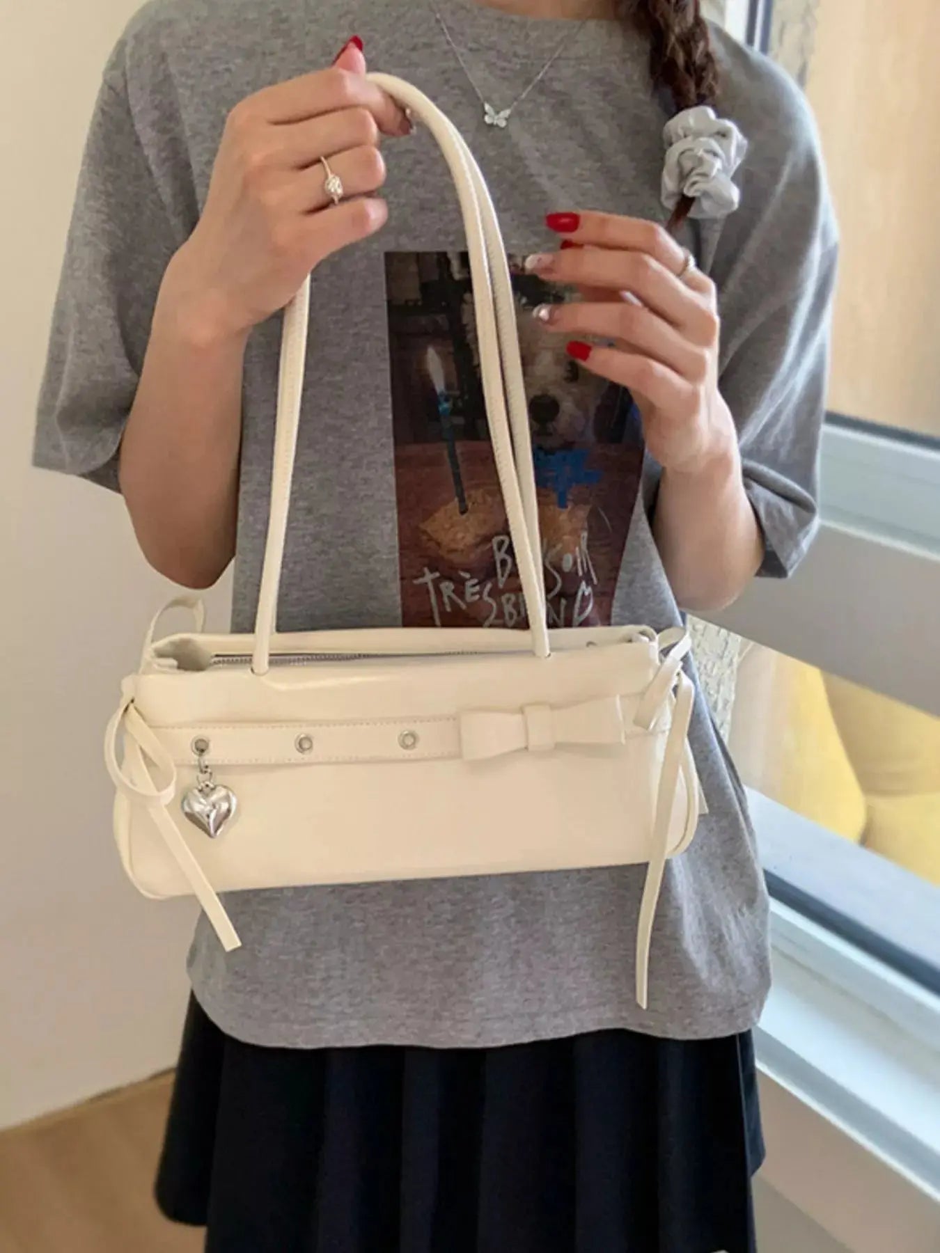 PU Leather Small Shoulder Bag With Heart Charm Elegant Tote Simply Love