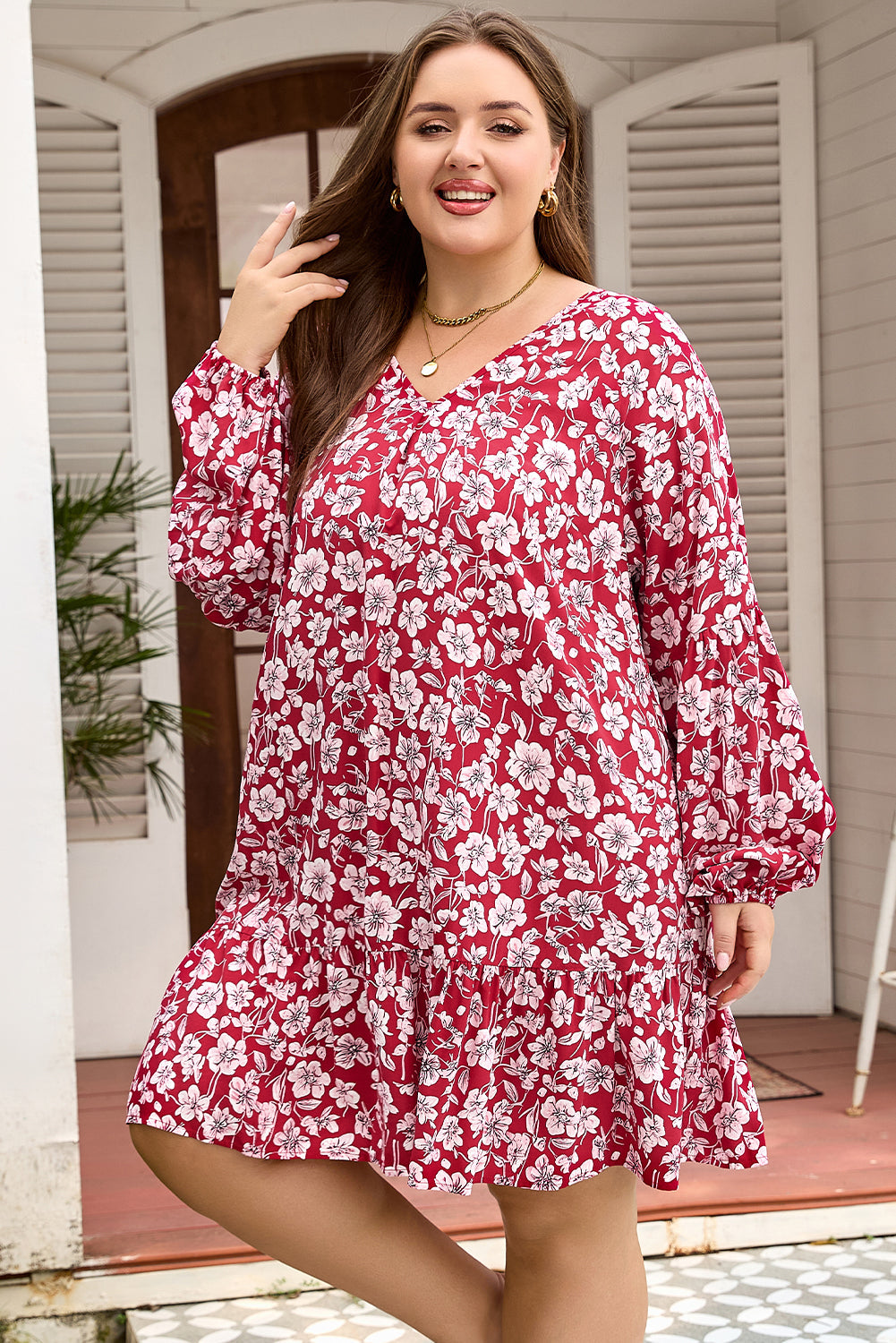 Purple Plus Size Floral Balloon Sleeve V Neck Relaxed Dress Dear-Lover Dropshipping
