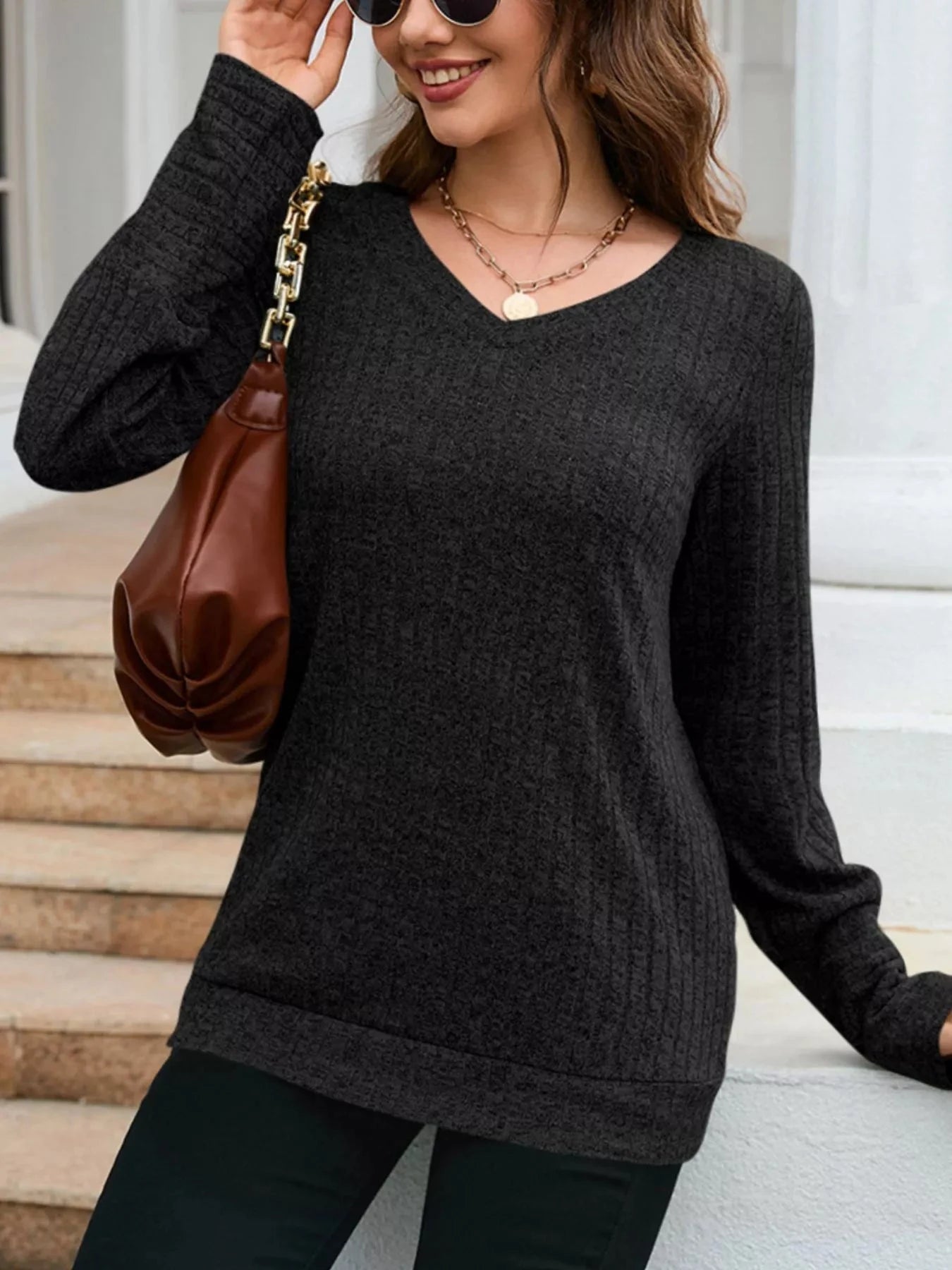 V-Neck Textured Knit Long Sleeve T-Shirt