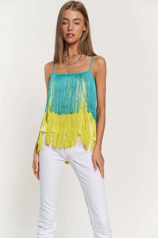 Fringe Overlay Cross Straps Party Cami Top.