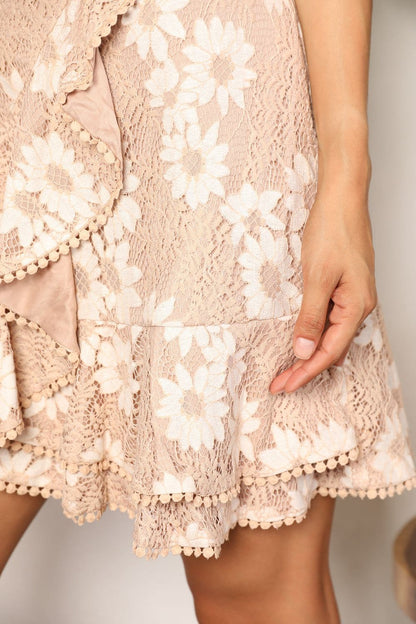 Charming floral lace tie-waist flutter sleeve dress with pompom accents