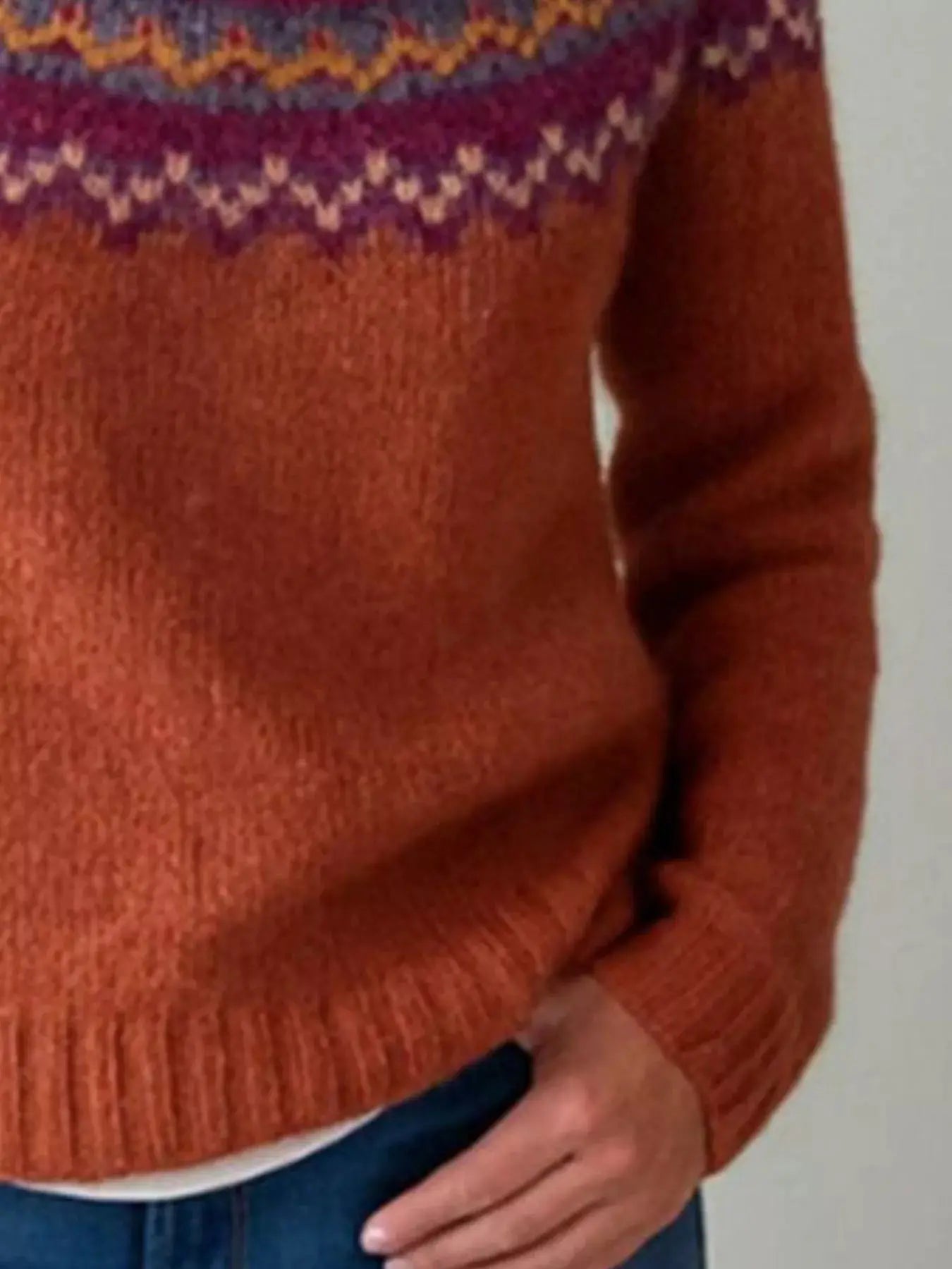 Full Size Vintage Patterned Round Neck Sweater Plus Size Simply Love