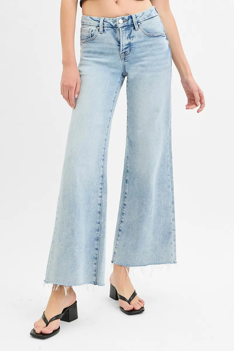 Risen Full Size Tummy Control Low Rise Wide Leg Raw Cut Hem Jeans Plus Size - Love Salve 