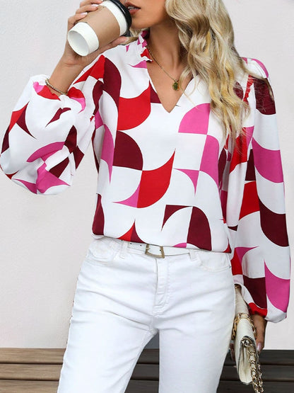 Frill Notched Long Sleeve Blouse.