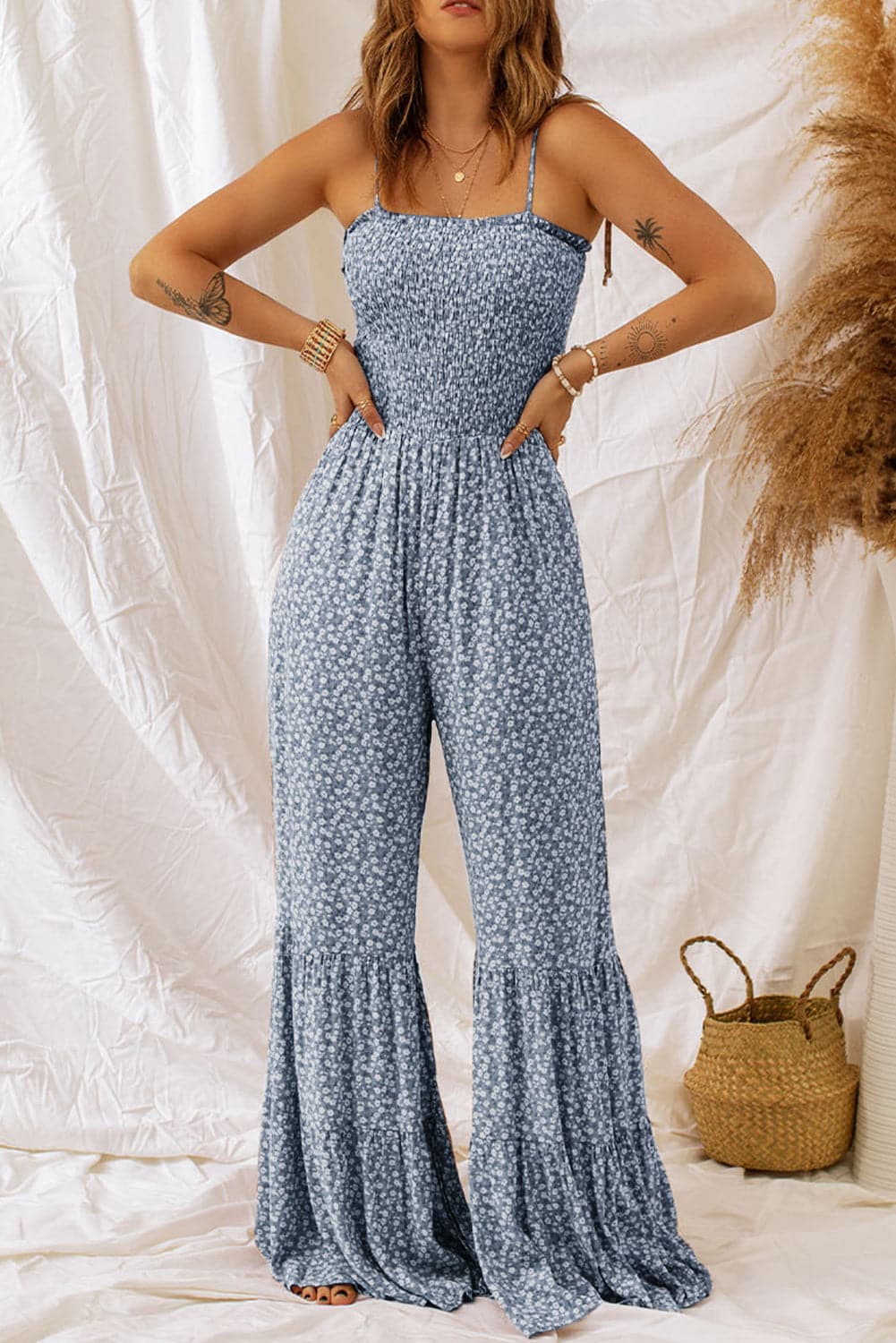 Smocked Printed Wide Strap Jumpsuit.