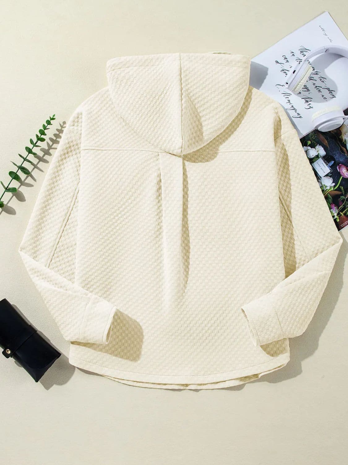 Cozy sheer button-up long sleeve hoodie with drawstring