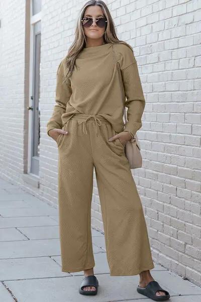 Double Take Full Size Textured Long Sleeve Top and Drawstring Pants Set - Love Salve