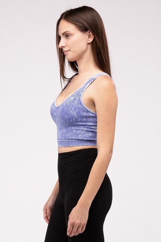 Washed Ribbed Cropped V-Neck Tank Top.