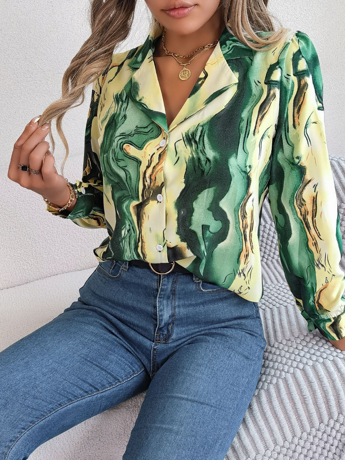 Printed Button Up Long Sleeve Shirt Coco’s Tee Boutique