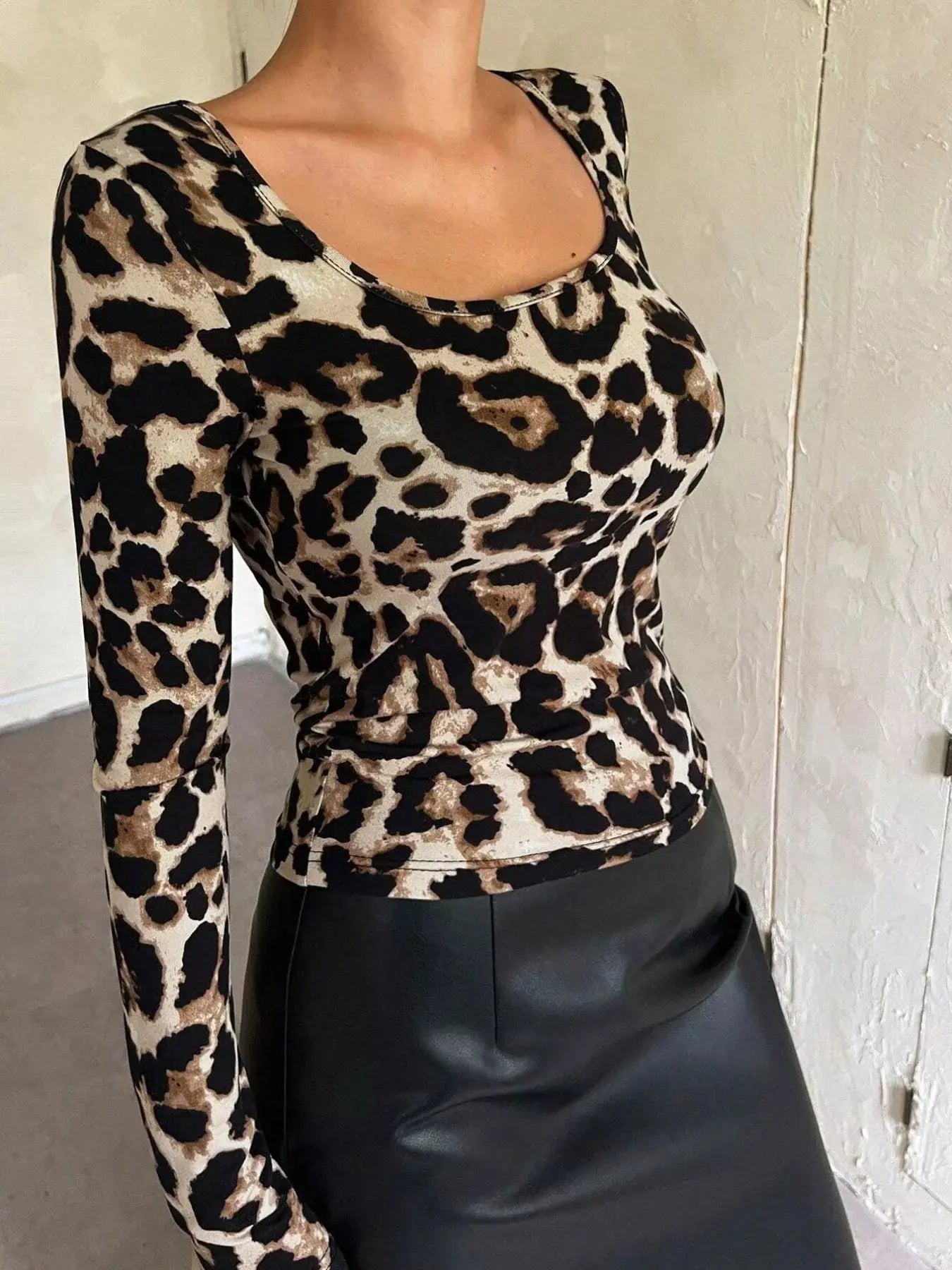 Leopard Print Square Neck Long Sleeve Top Simply Love