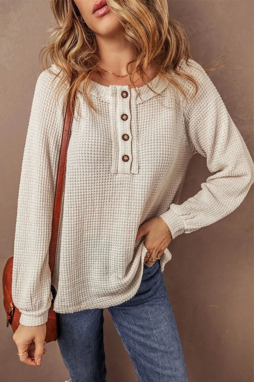 Waffle-Knit Long Sleeve Half Button Top with Round Neck