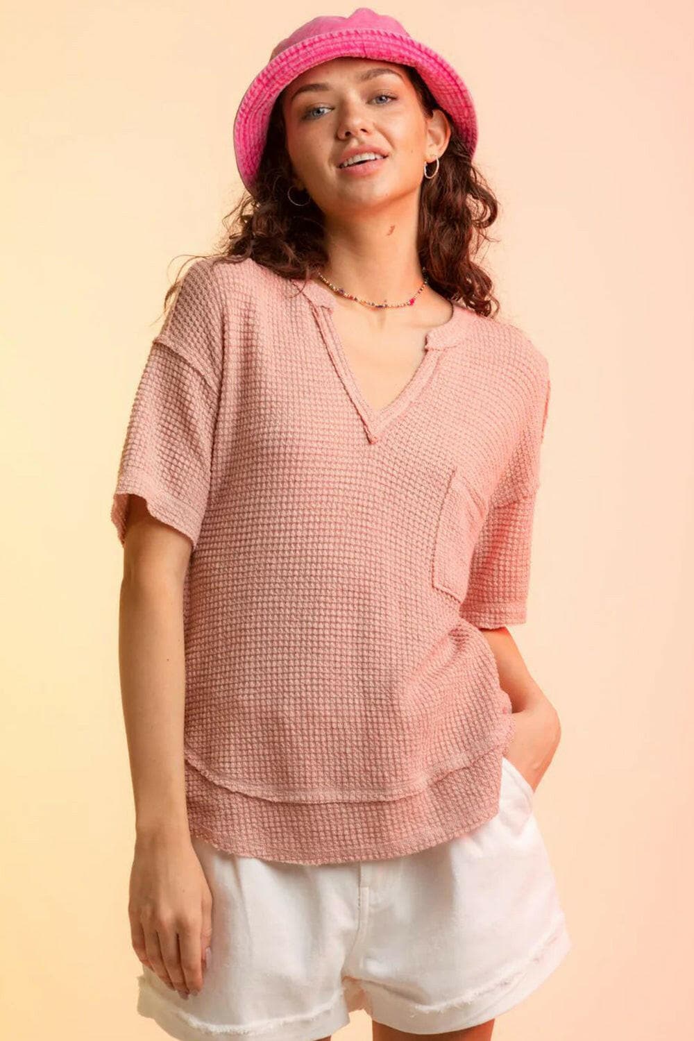 Waffle-Knit Notched Half Sleeve T-Shirt.