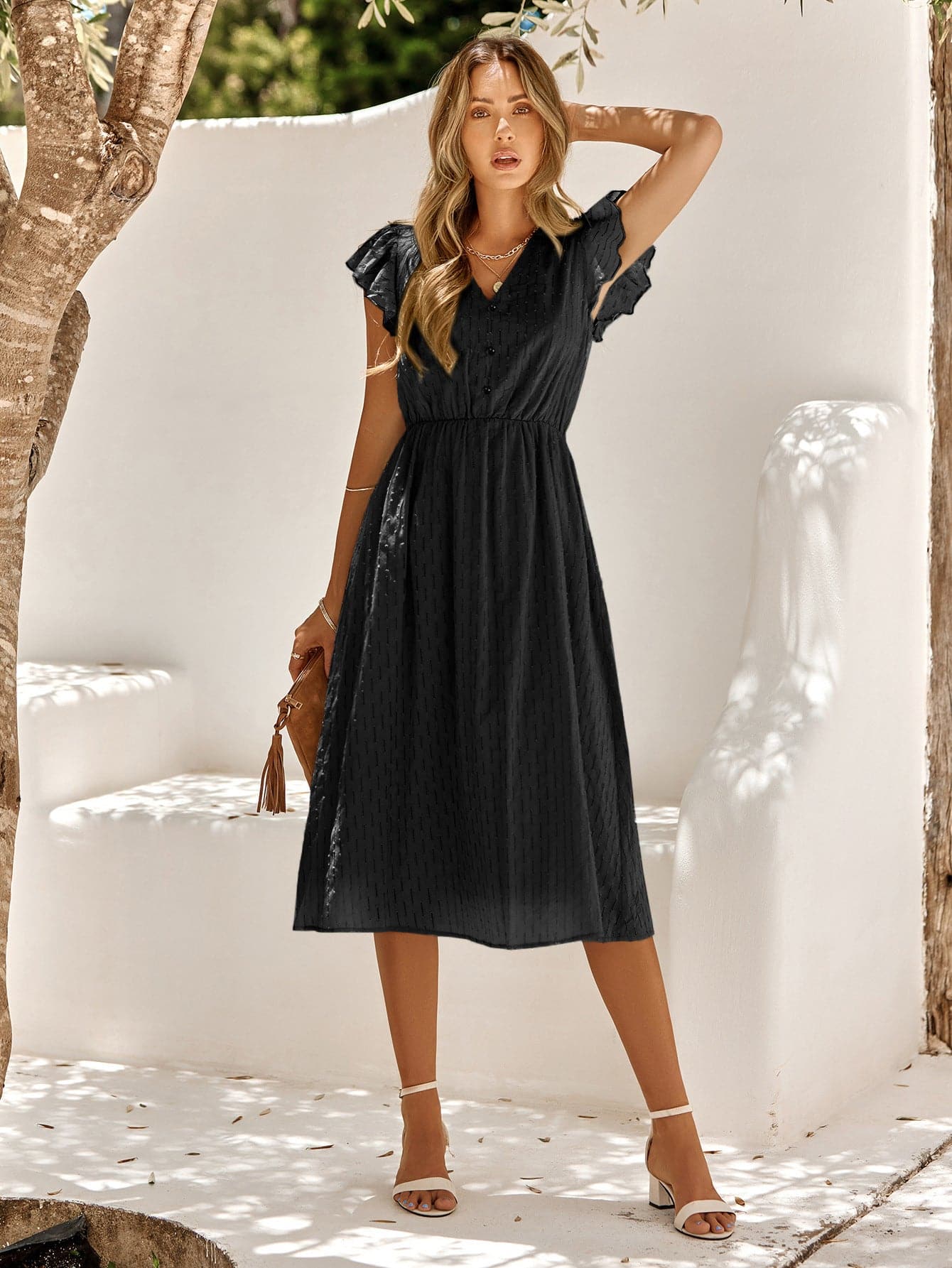 V-Neck Flutter Sleeve Midi Dress.